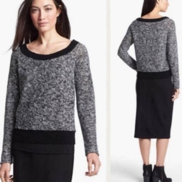 Eileen Fisher | Linen Blend Melange Boat Neck Sweater Black Gray - Picture 1 of 7